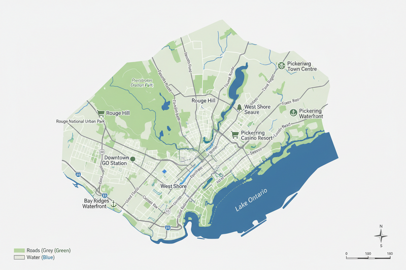 Map of a Pickering coastal area with green land and blue water, showing roads and water bodies.