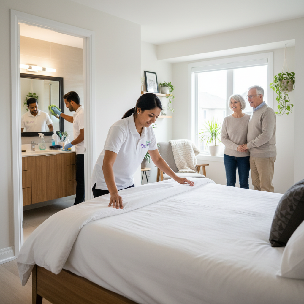 SeeyonClean professional cleaner tidying a living room while client observes