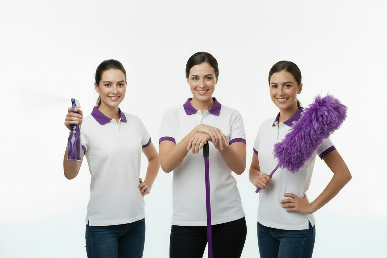three cleaners with supplies
