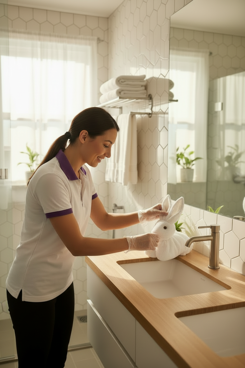 a cleaner folding towels in washroom
