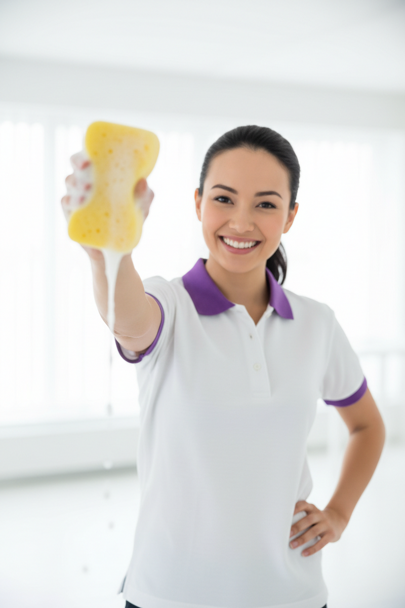 a cleaner posing with a spunge