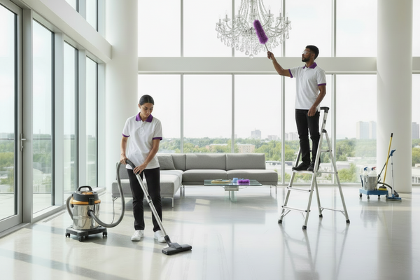 two cleaners cleaning a living room
