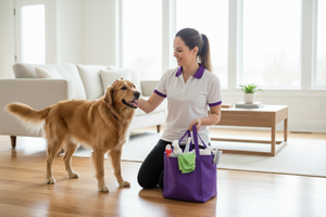 a cleaner petting a dog